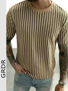 Camiseta de manga corta a rayas versátil y de moda de verano para hombres GRDR - Caqui - Ver 1