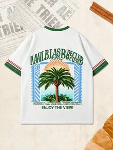 男士圆领字母和棕榈树印花休闲度假风短袖T恤 - 白色 - 查看 4