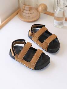 夏季儿童露趾凉鞋，新款透气法式厚底软底男女童魔术贴休闲沙滩凉鞋 - 棕色 - 查看 5