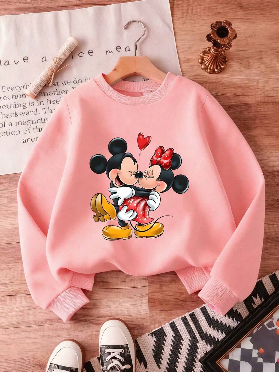 1pc Disney Valentine's Day Mickey Mouse & Minnie Mouse Affectionate Kiss Print Tween Girls Sweet Sweatshirt - Soft & Skin-Friendly, Ideal For Valentine's Dates & Casual Outings - 粉色 - 查看 1