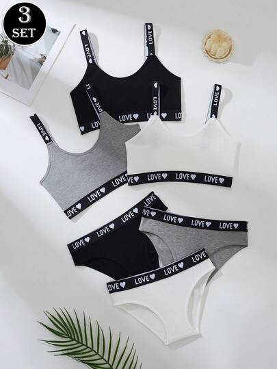 3件套女士运动文胸内裤套装，带英式提花弹力带