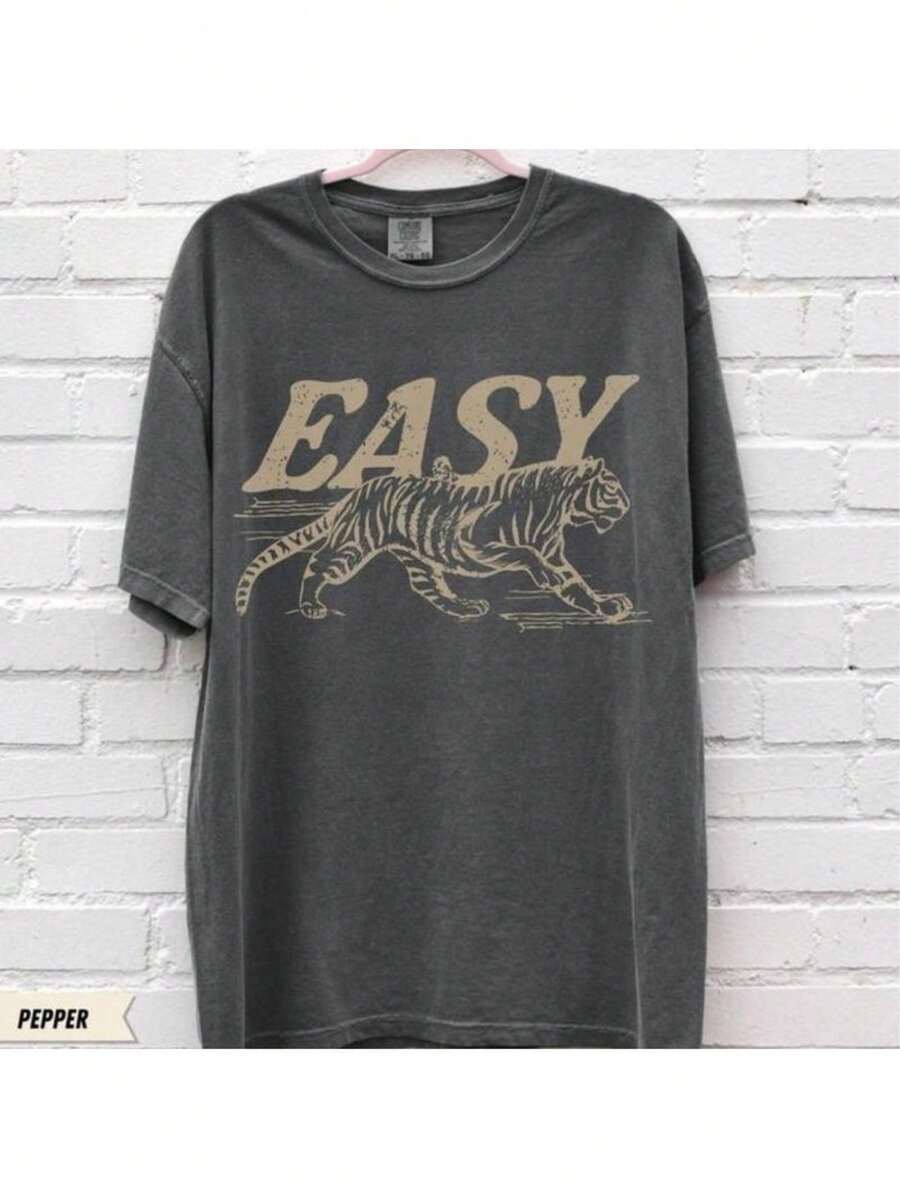 easy Tiger Tee T-shirt Sweatshirt, Vintage  inspired Shirt, Tiger, Retro Festival Clothing, Top Classic - Negro - Ver 1