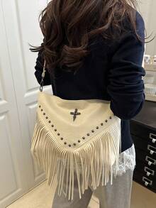 Bolso bandolera de cuero retro de moda, bolso de hombro estilo bohemio con flecos y remaches, cartera cuadrada casual, bolso de mensajero adecuado para viajes y uso diario, bolso bandolerade - Beis - Ver 8
