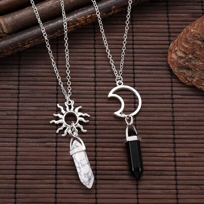 Bộ 2 mặt dây chuyền hình lục giác bằng đá tự nhiên thời trang, khắc chữ "Mặt Trời và Mặt Trăng của tôi", thích hợp làm quà tặng cho các cặp đôi, nam nữ, bạn thân, ngày Valentine.
