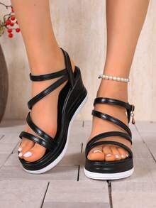 2026 Summer New Plus Size Women Sandals, Flat Wedge Strap Thick Bottom High Heel Sandals - Black - View 3