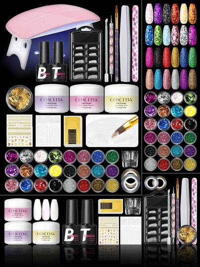 coscelia 23 piezas Kit de arte de uñas acrílicas de cristal rosa, incluye lámpara UV/LED, polvo de uñas blanco y rosa transparente, base y top coat, polvo decorativo para uñas para mujeres, regalo de extensión acrílica y escultura para salón