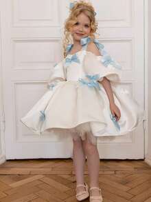 小女孩细肩带蝴蝶结泡泡袖公主裙，适合儿童生日派对、花童、婚礼、舞会、派对、节日庆典 - 白色 - 查看 4