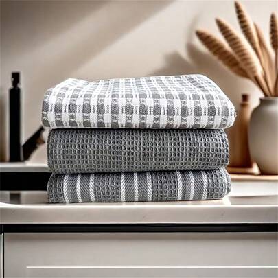 3pcs/Set Bathroom Towel Set - Modern Striped And Plaid Design, Dish Cloths, Kitchen Dish Towels