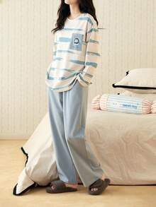 2pcs/Set 2026 Spring & Autumn Women Cotton Blue Striped Long Sleeve Pajama Set - Baby Blue - View 9