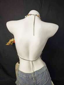 2026 Spring/Summer New Chiffon Shawl, Bikini Accessories, Unisex Body Chain, Sexy Pearl Chest Chain Lingerie, Exotic Transparent Bra Decor For Beach, Party, Holiday, Music Festival - 棕色 - 查看 9