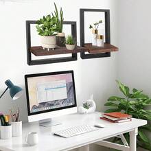 Square Floating Shelves, Framed Hanging Shelf For Wall Set Of 2/4, Decorative Modern Chic Plants Decor For Living Room Bedroom Bathroom Home Office, Solid Wood, L+S - 鏽棕色 - 查看 2