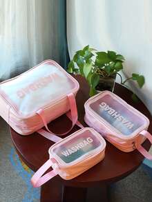 1/3pcs Fashion PU Transparent Toiletry Bag, With Handheld Grooming Organizer, Zipper Closure Cosmetic Pouch, Ideal For Daily Use, Outdoor Travel, Swimming, Fitness, Travel Accessories, Bathroom Supplies, Makeup Lovers, Perfect Gift For Valentine's Day/Mother's Day (Pink) - Multicolor - View 3