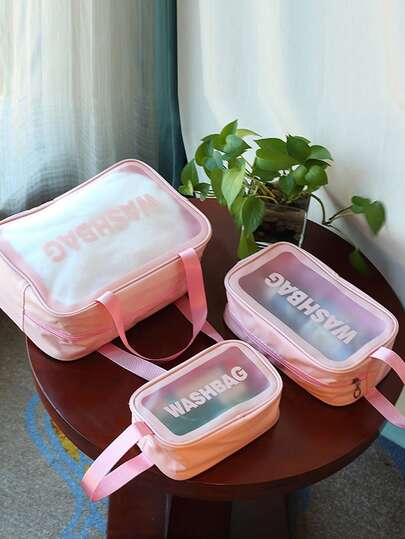 1/3pcs Fashion PU Transparent Toiletry Bag, With Handheld Grooming Organizer, Zipper Closure Cosmetic Pouch, Ideal For Daily Use, Outdoor Travel, Swimming, Fitness, Travel Accessories, Bathroom Supplies, Makeup Lovers, Perfect Gift For Valentine's Day/Mother's Day (Pink)