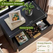 Mesita de noche moderna acanalada con 3 cajones, mesita de noche compacta de madera negra con espacio de almacenamiento, mesa auxiliar minimalista para dormitorio, sala de estar, dormitorio, apartamento. - Negro - Ver 3