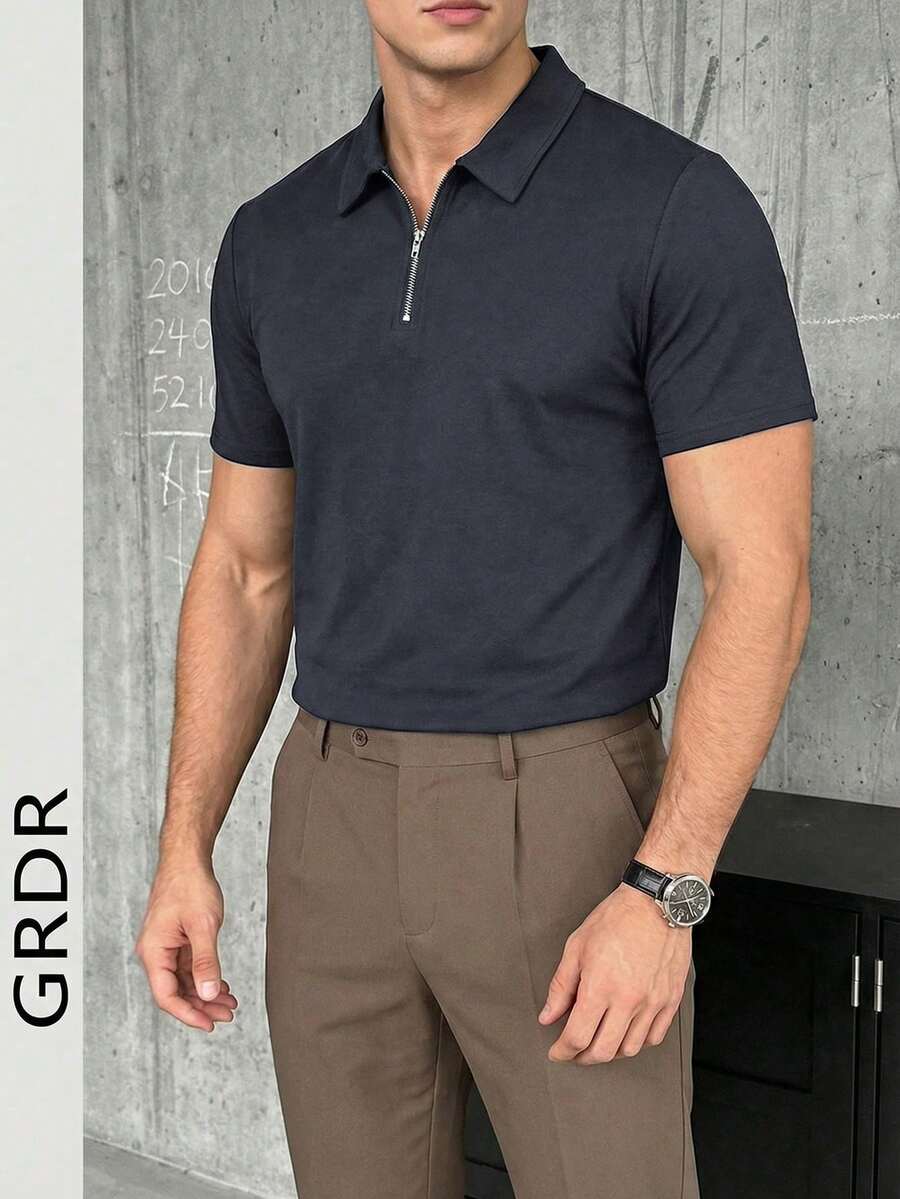 GRDR Men's Summer Casual Zip Collar Short Sleeve T-Shirt - Dark Grey - View 1