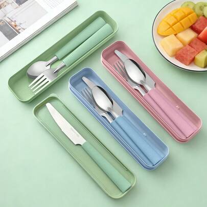 4pcs Portable Stainless Steel Travel Cutlery Set With Knife, Fork And Spoon | Suitable For Office, School, Picnic, Camping And Outdoor Activities - Includes Storage Box