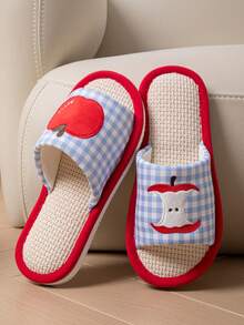 女士休闲丝绒闭趾拖鞋，草莓刺绣设计，时尚家居拖鞋，秋冬款 - 藍色格子蘋果 - 查看 3