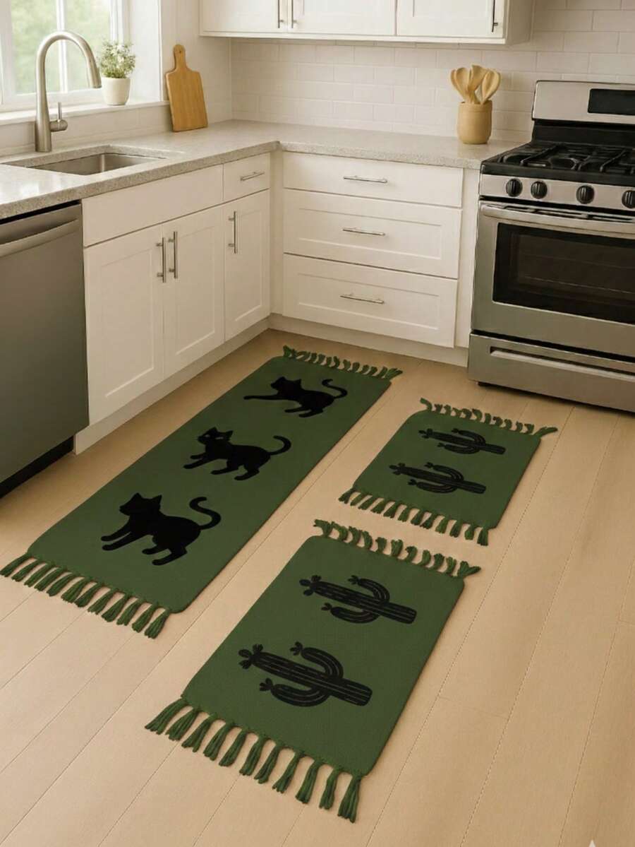 Kitchen Set Geometric Runner Rug Kit 3 Pieces Excellent Quality Thick Fabric Knot Weave - xanh quân đội - Xem 1