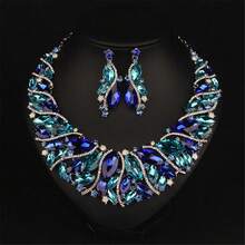 奢华蓝绿黄三色水晶项链耳环套装，时尚婚礼颈链吊坠，粗链金色情人节女士十字架夏季牛仔西部绿松石狂欢节吊坠复古串珠链波西米亚风 - 多色 - 查看 6