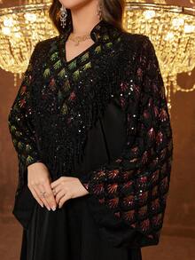 SUPGIR 女士立领长袖手工镶钻缎面晚礼服 - 黑色 - 查看 6