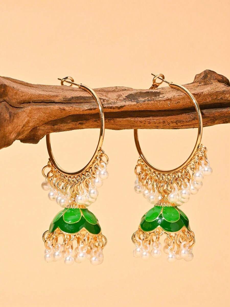 1pair Fashionable Faux Pearl Jhumka Earrings,Big Hoop With Beads Pendant Jewelry Suitable For Women's Daily,Wedding, Banquet, Party Wear/As Festive Gift - Pendants - View 1