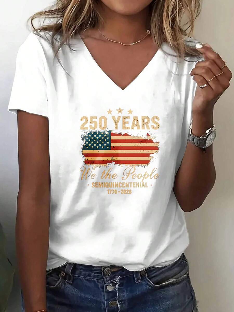 2026 V Neck T Shirt White 250 Years We The People American Flag ...