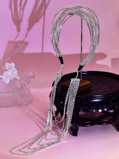 1条闪亮银色多层发箍，可拆卸长流苏公主风，适合新娘、婚礼、节日、派对、日常休闲佩戴，百搭女士发饰