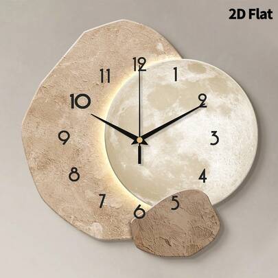 2D平面12英寸/16英寸现代月亮设计家居装饰挂钟，超静音石英机芯，无滴答声，适合室内装饰、家居装饰、客厅、卧室