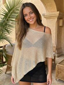 Women's Sheer Ponchos Off Shoulder Short Sleeve Solid Color T-Shirts Asymmetrical Knit Tops - Khaki - View 4