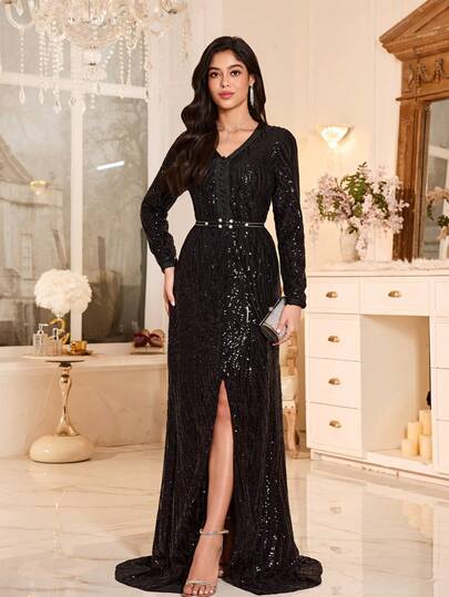 Đầm dạ hội dài tay cổ chữ V đính sequin họa tiết da báo thanh lịch dành cho nữ, có thắt lưng rời, thích hợp cho đám cưới, kỳ nghỉ, mùa xuân, màu đen.