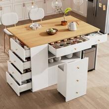 Kitchen Island, Sideboard With Bar Stools, 6-Drawer Kitchen Unit With Stools, Adjustable Width 140 X 40 (70) X 89 Cm, White/Black - White - View 3