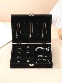 Jewelry Storage Box With Lock, Velvet Multi-Layer Jewelry Box, Desktop Jewelry Organizer, Jewelry & Accessories Storage Box, Moisture-Proof Jewelry Box, Necklace Holder, Ring Box, Convenient Jewelry Storage Case, Multi-Function Jewelry Organizer, Soft Fabric Lining, Exterior Lock Clasp, Interior Compartment Hooks, Suitable For Storing Rings, Necklaces, Earrings, Pendants - Lockable Jewelry Box - View 12