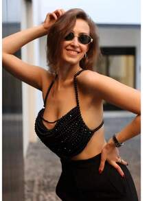 1Pc High Quality Luxury Layered Pearl Women's Camisole Top Hand Knotted Fashion Sexy Pearl Body Chain - Black - View 1