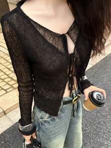 Sexy Sheer Cutout Tie-Front Long Sleeve Knit Cardigan, Suitable For Spring/Summer, Chinese New Year, Valentine's Day, Dates, Vacations, Casual Wear - Black - View 2