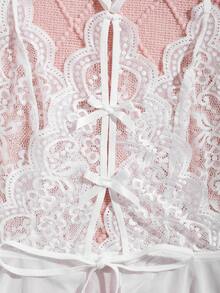 2pcs Plus Size Women Deep V-Neck Sheer Backless Lace Mesh Patchwork Bow Decor Ruffle Trim Sexy Nightgown & Lingerie Set - White - View 8