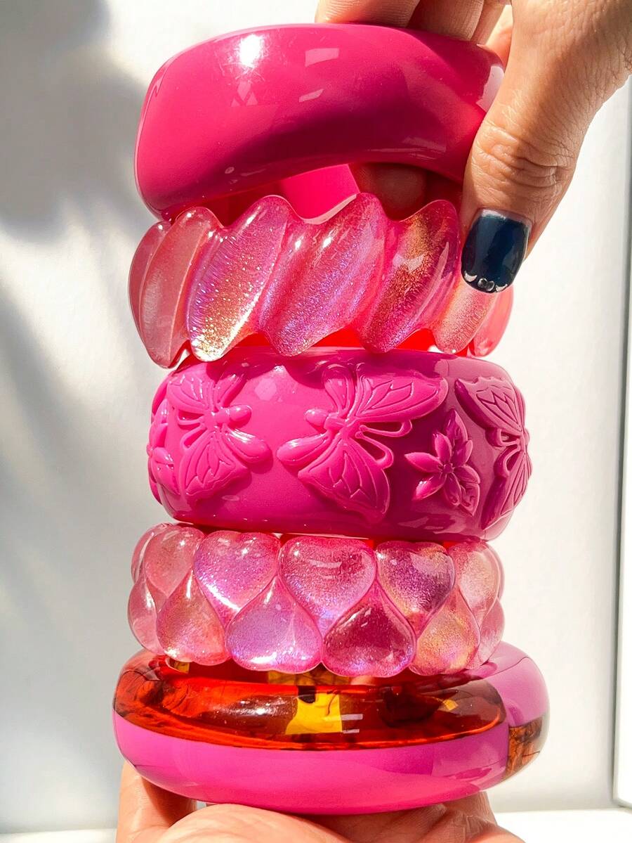 1pc Dopamine Jelly Texture Bracelet, Vintage Carved Transparent Ripple Stacking Accessory, Essential For Sweet Girls - Multicolor - View 1