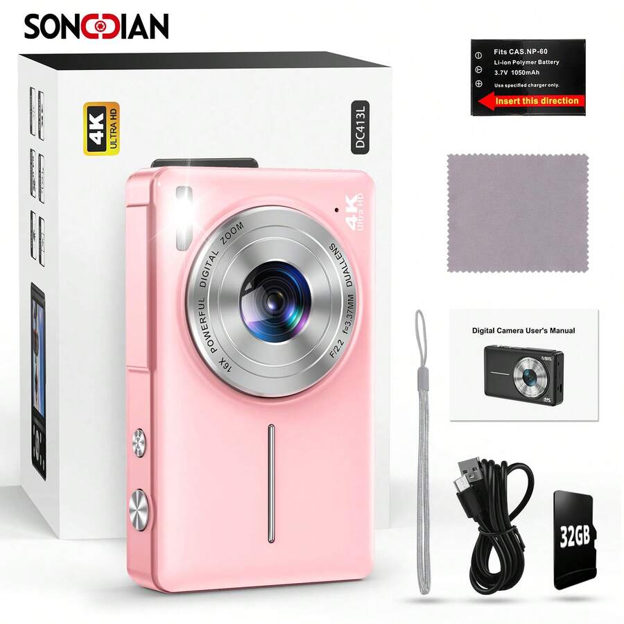 SONGDIAN 64MP 4K HD 數位相機 16倍數位變焦 Vlogging 用 2.8吋 LCD 螢幕 充電式相機 攝影專業入門相機 支援拍照、錄影 1050mAh 大容量電池 完美禮物