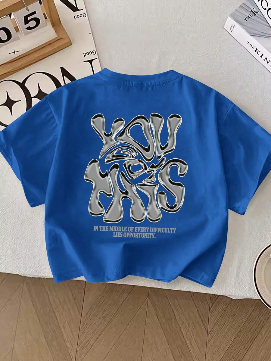 Áo thun ngắn tay mùa hè cho bé trai, kiểu dáng thường ngày, in chữ 3D dạng lỏng, cổ tròn. - Xanh đậm - Xem 1