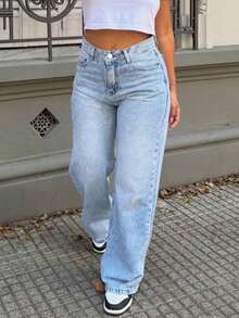 Women's Casual Denim Jeans (Waist Cinching And Hip Lifting - Small Size, Light Blue), Simple Style, Suitable For All Seasons, Loose Hem, Back Pocket Design, Suitable For Daily Wear - Light Blue - View 1