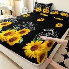 三件套黑色向日葵图案印花床单（1张床单，2个未填充枕套），2D平面印花，营造浪漫卧室氛围，卧室家居装饰，浪漫卧室床上用品必备。 - 彩色 - 查看 5