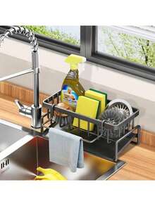 Black Kitchen Sink Sponge Rack With Automatic Drain Tray Kitchen Sink Storage Rack Self-Draining Dish Soap Sponge Holder Countertop-Friendly ABS Plastic - Multicolor - View 2