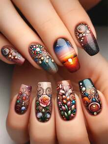 24片装深色按压式美甲，长棺材形，花朵图案，带胶水，日落图案亚克力美甲设计，全覆盖花朵太阳假指甲，粘贴式美甲，适合女性和女孩 - 彩色 - 查看 7