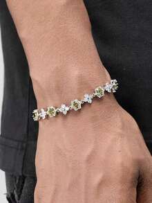 1pc Fashionable White Gold Four-Leaf Clover Colorful Men's Copper Zirconia Silver Bracelet Jewelry, Hip-Hop Punk Men's Patchwork Bracelet, Suitable For Men's Daily Wear - Bracelet - View 2