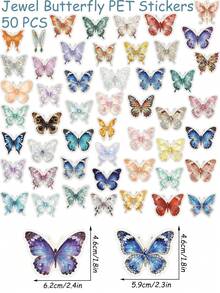 50pcs Gem Butterfly Sticker Aesthetic Gilding PET Transparent Decals For Laptop Computer Scrapbook Diary Phone Case DIY Decorate Sticker Kids Toy - Multicolor - View 8