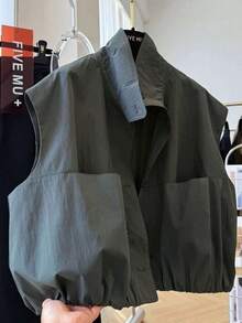 European Style High-End Stand Collar Short Utility Vest Jacket For Women, Layerable Chic Top For Spring & Autumn - Grey - View 5