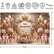 1. 西班牙语“生日快乐”横幅背景 - 粉色幕布，饰有礼物和玫瑰气球图案设计，非常适合用作生日庆祝背景、拍照道具、派对家居装饰、生日礼物、室内外活动、礼品、影棚道具和活动策划必备品。 - 彩色 - 查看 5