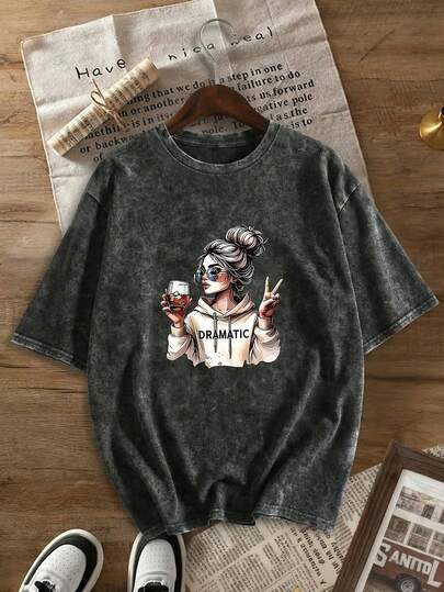 Cool And Edgy Hand-Drawn DRAMATIC Print T-Shirt With A Casual "V" Sign And Wine Glass Design. Regular Fit, Comfortable Fabric, Casual Everyday Top. Plus Size Women's Washed Cotton Top, Street Style Clothing, Casual Round Neck Washed Cotton. Black Summer