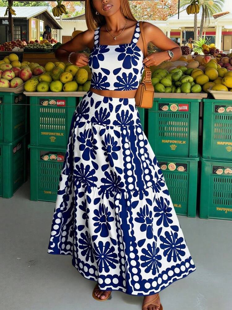 Women's Floral Print Spaghetti Strap Maxi Dress/Vacation Casual 2-Piece Set, Suitable For Beach And Holiday Wear - Blue and White - View 6