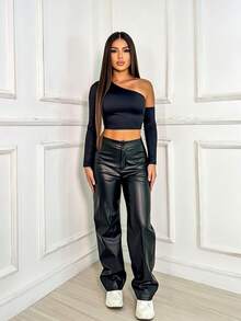 Women's Wide Leg High Waist Faux Leather Retro Pantaloons Blogger Party Pants Ready For Delivery - Negro - Ver 6