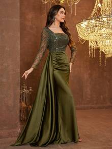 UNITHORSE Women's Square Neck Long Sleeve Sequin Patchwork Satin Evening Dress - Olive Green - View 3